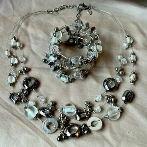 Chico's Necklace Silver & Clear Beaded 3 Strands Layers with Matching Bracelet